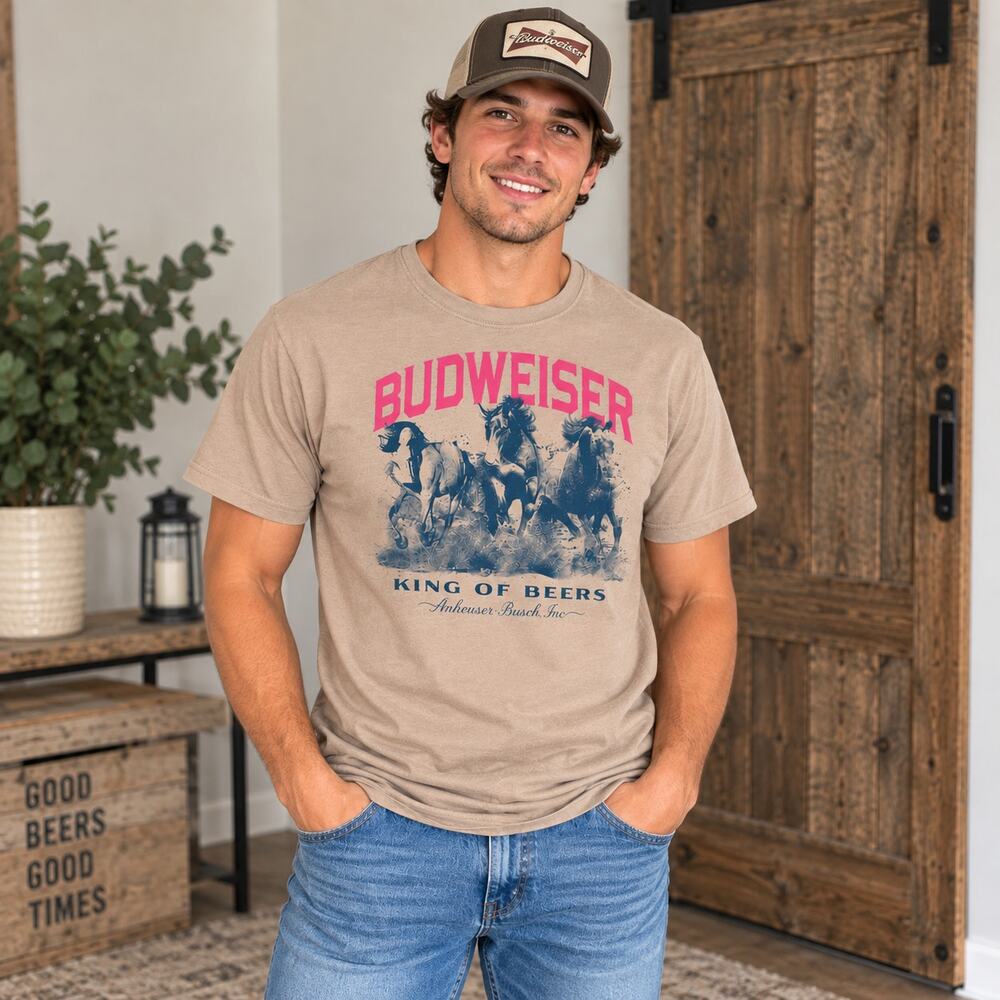 Budweiser King of Beers Horse Graphic T-Shirt Tan Pink Blue Size Small